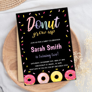 Purple Glitter Black Pink Doughnut Birthday Invitation