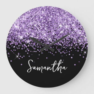 Purple Glitter Black Script Name Large Clock