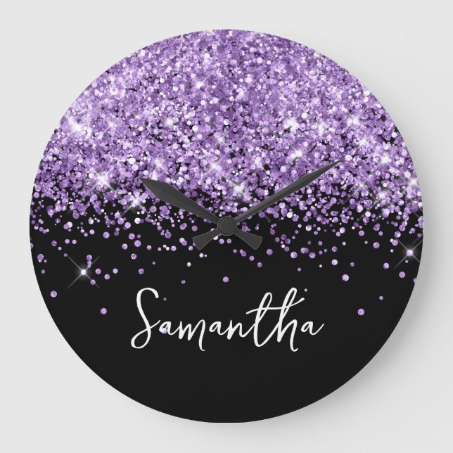 Purple Glitter Black Script Name Large Clock (Front)