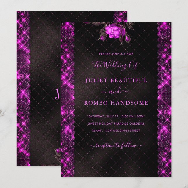 Purple Glitter Black Wedding Invitation Template (Front/Back)