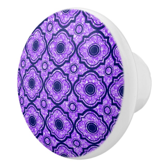 Purple Glitter & Blue Quatrefoil Geometric Pattern Ceramic Knob (Right)