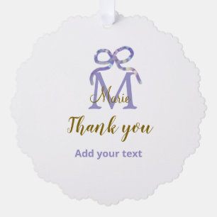Purple glitter bow add name letter monogram thank  ornament card