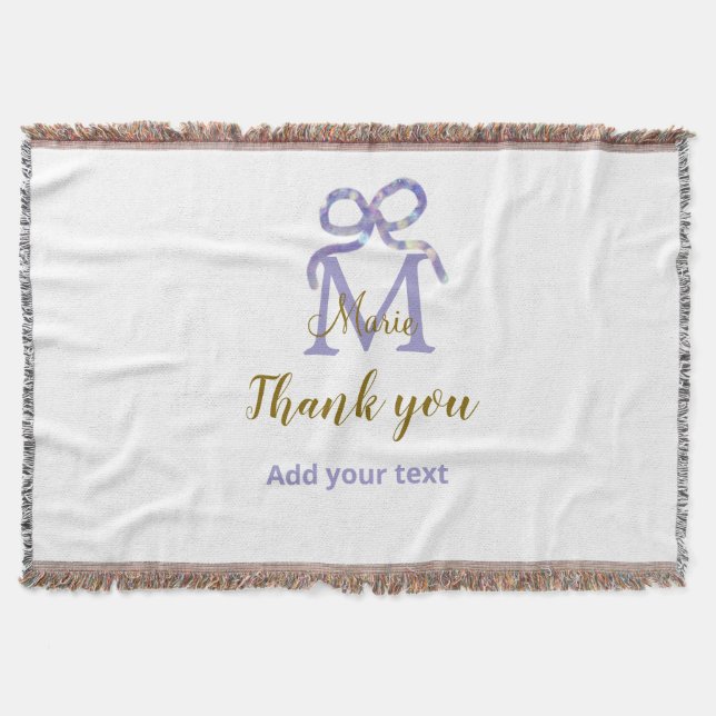 Purple glitter bow add name letter monogram thank  throw blanket (Front)