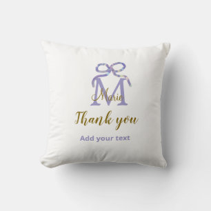 Purple glitter bow add name letter monogram thank throw pillow