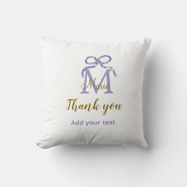 Purple glitter bow add name letter monogram thank  throw pillow (Front)