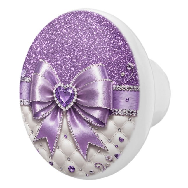 Purple Glitter Bow Heart Personalized Glam Design Ceramic Knob (Right)