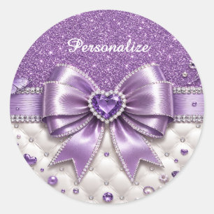 Purple Glitter Bow Heart Personalized Glam Design Classic Round Sticker