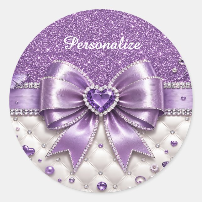 Purple Glitter Bow Heart Personalized Glam Design Classic Round Sticker (Front)
