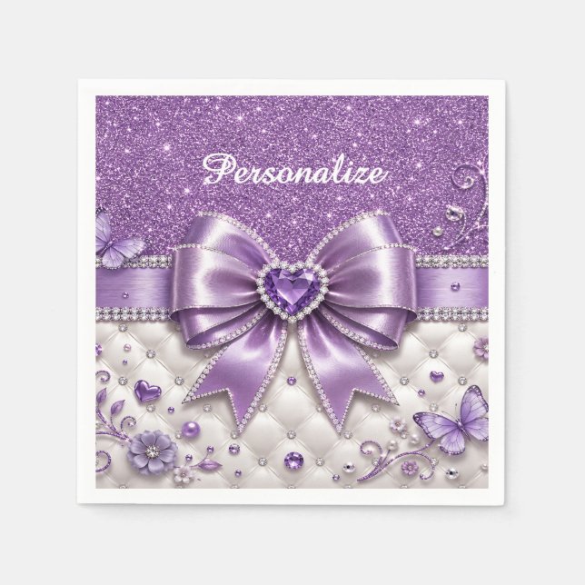 Purple Glitter Bow Heart Personalized Glam Design Napkin (Front)