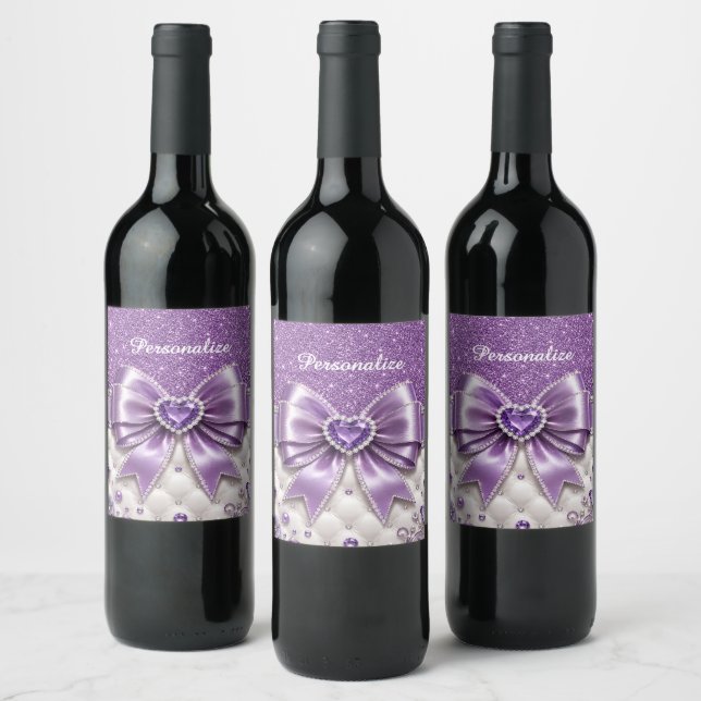 Purple Glitter Bow Heart Personalized Glam Design Wine Label (Bottles)