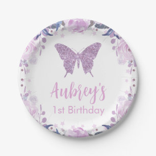 Purple glitter Butterfly Birthday Paper Napkin Plate