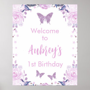 Purple Glitter Butterfly Birthday Welcome Poster