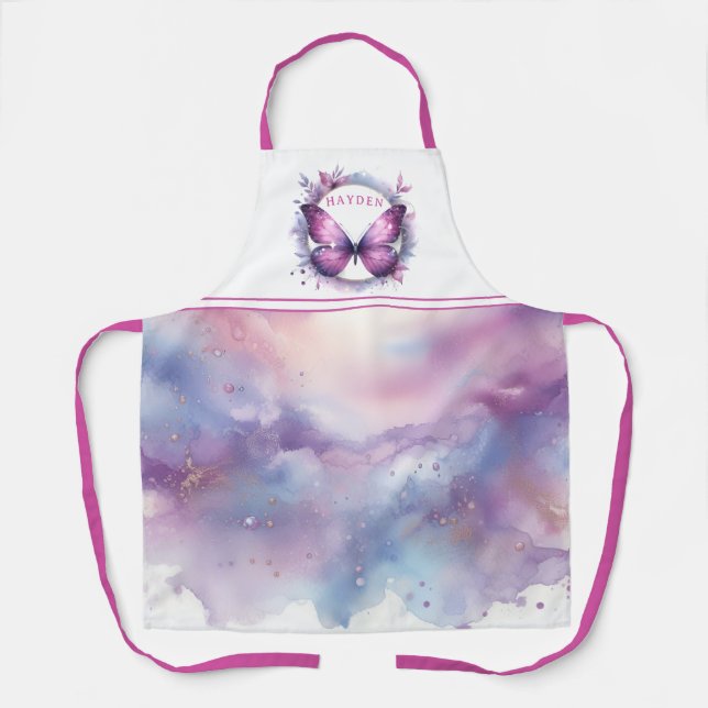 Purple Glitter Butterfly - Customized Initial Apron (Front)