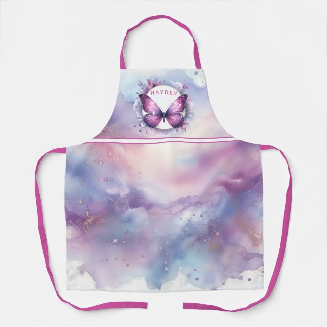 Purple Glitter Butterfly - Customized Initial Apron (Front)