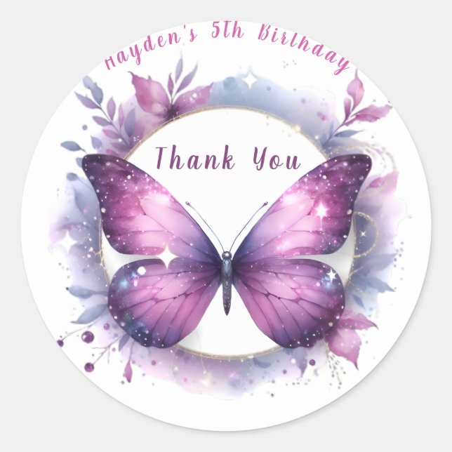 Purple Glitter Butterfly - Thank you Birthday Classic Round Sticker (Front)