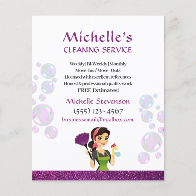 Purple Glitter Cartoon Maid House Cleaning Service Flyer (Front)