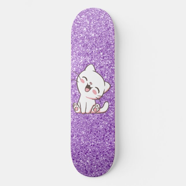 Purple Glitter Cat Skateboard Deck (Front)