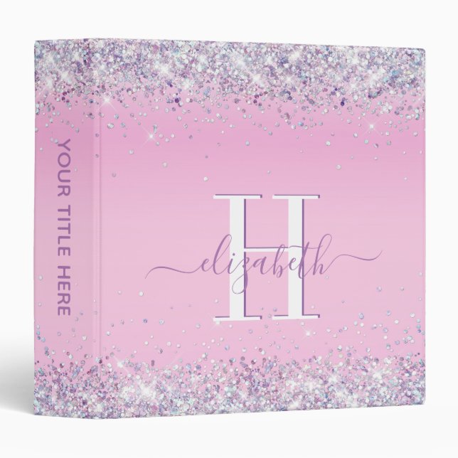 Purple Glitter Confetti Monogram 3 Ring Binder (Front/Spine)