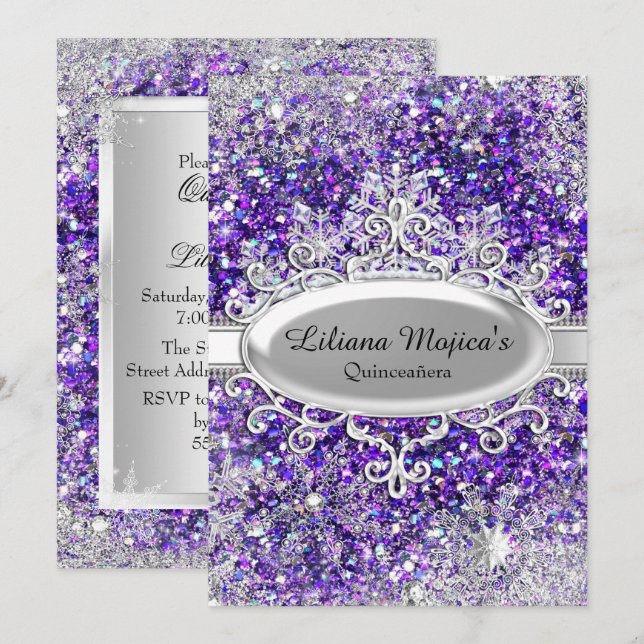Purple Glitter Crystal Snowflake Quinceanera Invitation (Front/Back)