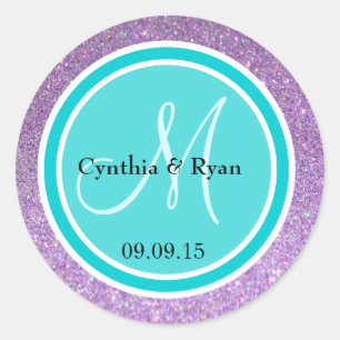 Purple Glitter & Deep Turquoise Wedding Monogram Classic Round Sticker