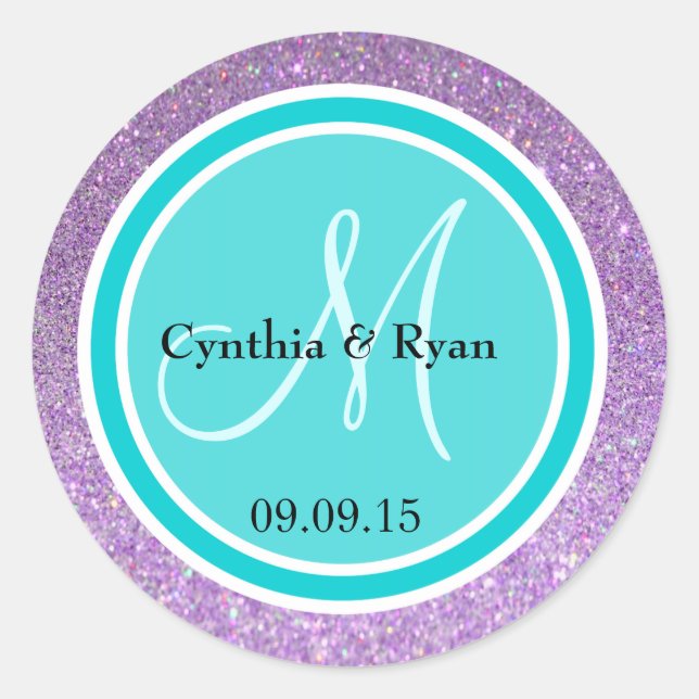 Purple Glitter & Deep Turquoise Wedding Monogram Classic Round Sticker (Front)
