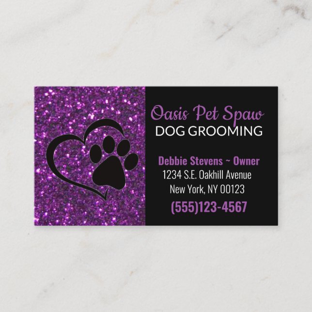 Purple Glitter Design Dog Pet Grooming Service Business Card (Front)