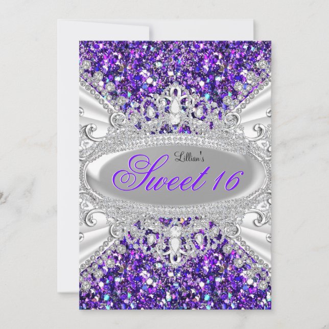 Purple Glitter & Diamond Tiara Sweet 16 Invitation (Front)
