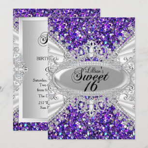 Purple Glitter Diamond Tiara Sweet 16 Invite