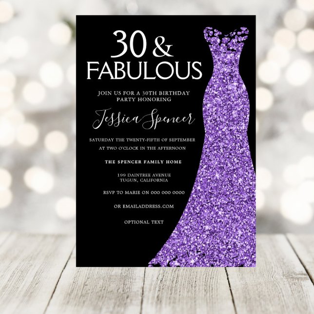 Purple Glitter Dress Black 30th Birthday Party Invitation (Creator Uploaded)