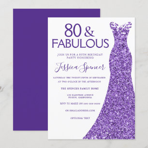Purple Glitter Dress Womans 80th Birthday Party Invitation