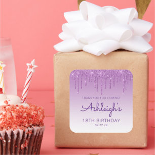 Purple Glitter Drip 18th Birthday Party Thank You Square Sticker