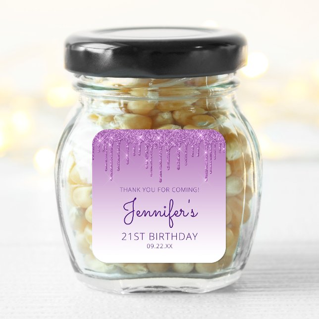 Purple Glitter Drip 21st Birthday Party Thank You Square Sticker (Creator Uploaded)