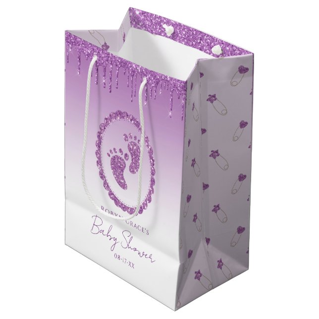 Purple Glitter Drip Baby Shower Gift Bag  (Front Angled)