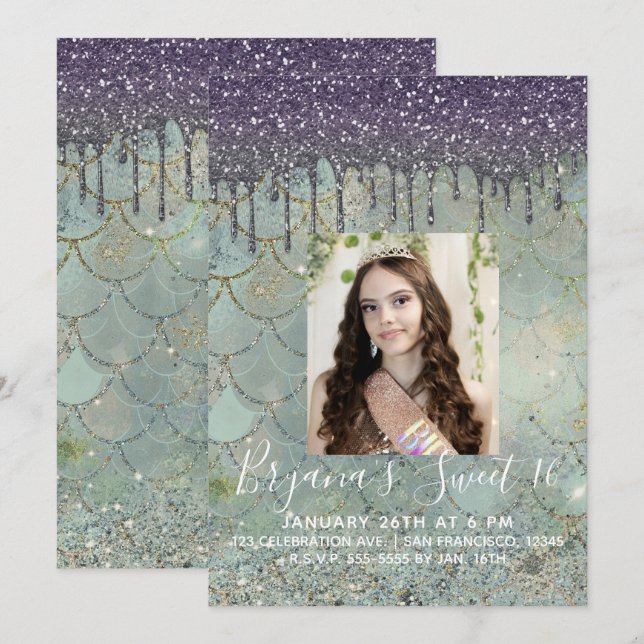 Purple Glitter Drip Mermaid Sweet 16 Photo Invitation (Front/Back)