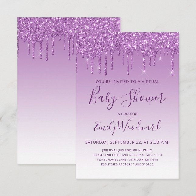 Purple Glitter Drip Virtual Baby Shower Invitation (Front/Back)