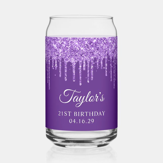 Purple Glitter Drips 21st Birthday Can Glass (Front)