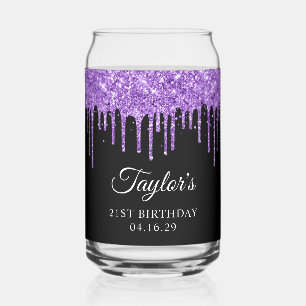 Purple Glitter Drips Black 21st Birthday Can Glass