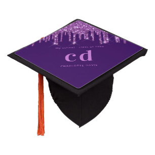 Purple glitter drips custom monogram name graduation cap topper