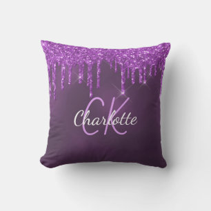 Purple glitter drips custom monogram name outdoor pillow