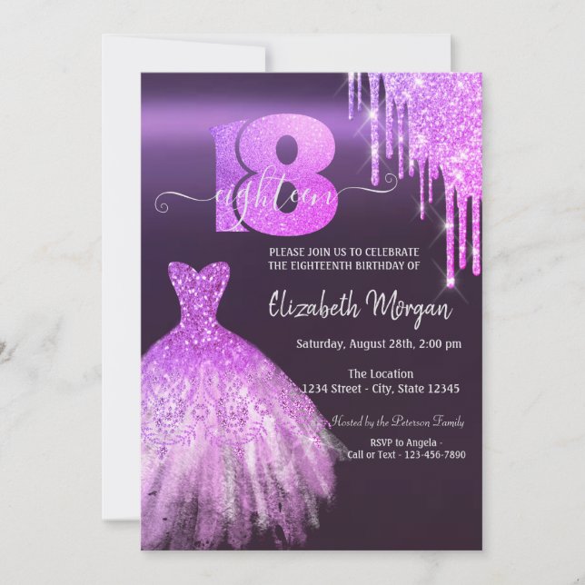 Purple Glitter Drips Dress 18th Birthday Party Invitation (Front)