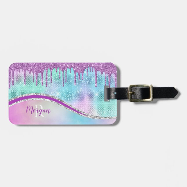 Purple Glitter Drips, Iridescent, Name & Monogram  Luggage Tag (Front Horizontal)