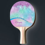 Purple Glitter Drips, Iridescent, Name & Monogram Ping Pong Paddle<br><div class="desc">Personalize with purple name and white monogram on teal,  blue and purple Iridescent background with Purple Glitter Drips.</div>