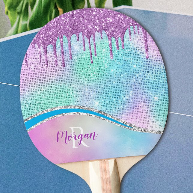 Purple Glitter Drips, Iridescent, Name & Monogram Ping Pong Paddle (Creator Uploaded)