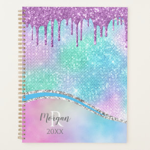 Purple Glitter Drips, Iridescent, Name & Monogram Planner