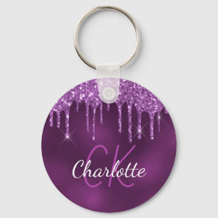 Purple glitter drips monogram initials elegant keychain