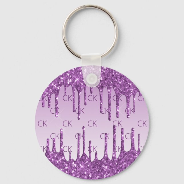 Purple glitter drips monogram initials keychain (Front)