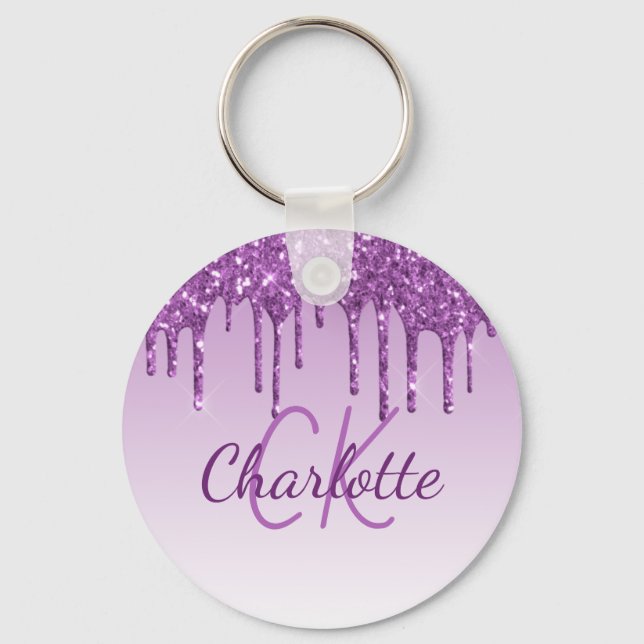Purple glitter drips monogram initials name keychain (Front)