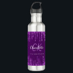 Purple glitter drips monogram name 710 ml water bottle<br><div class="desc">A deep purple background with elegant purple faux glitter drips,  paint drip look. White coloured text. Personalize and add your first name,  monogram letter and full name. The first name is written with a white hand lettered style script.</div>
