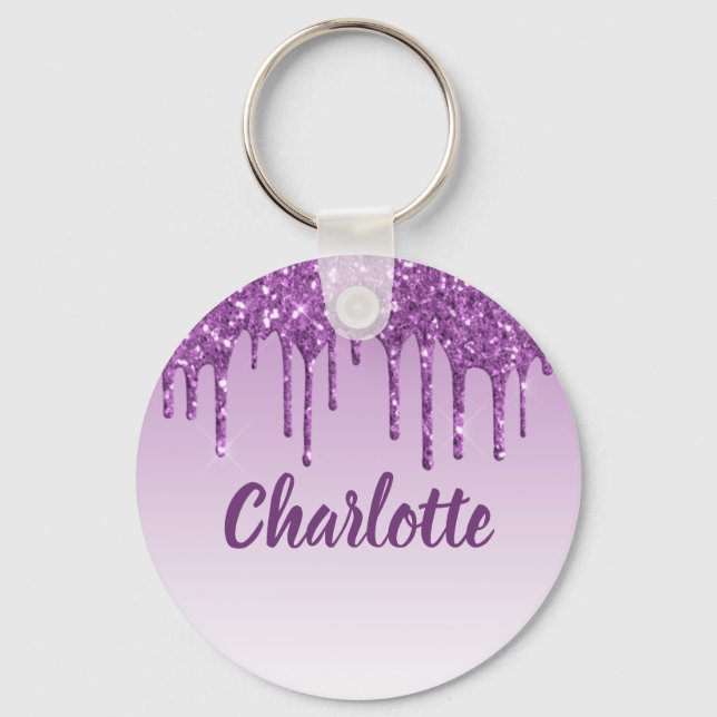 Purple glitter drips monogram name keychain (Front)