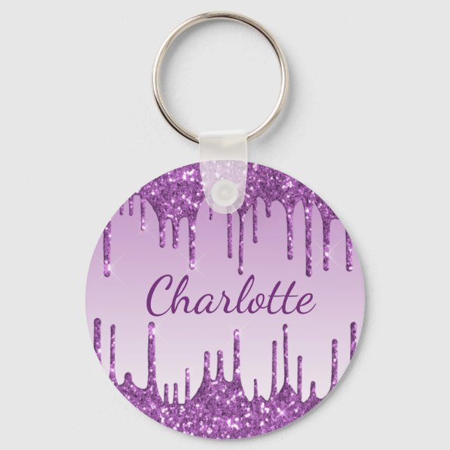 Purple glitter drips monogram name keychain (Front)